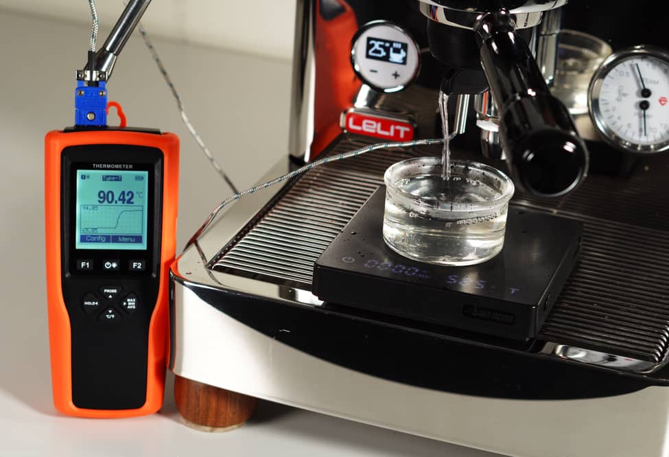 Brew Temperature Analyzer measuring brew water temperature on a Lelit espresso machine with the logger